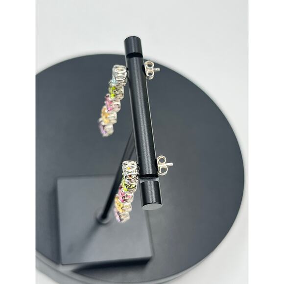 K 925 Sterling Silver Rhodium Semi Precious Multi Gemstone Round Dangle Earrings - Picture 10 of 14